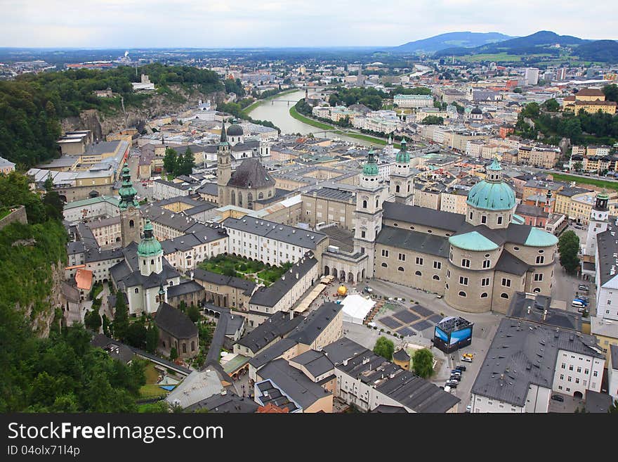 Bird view of the Salzach River and the City of Salzburg, from Festung Hohensalzburg (High Salzburg Fortress), Austria. Bird view of the Salzach River and the City of Salzburg, from Festung Hohensalzburg (High Salzburg Fortress), Austria