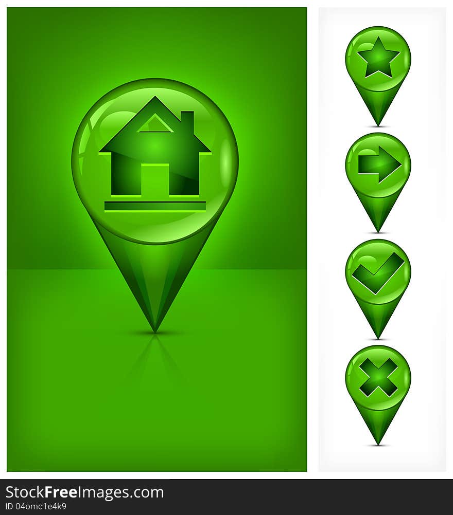 Navigation and GPS icons with house symbol on green, vector illustration