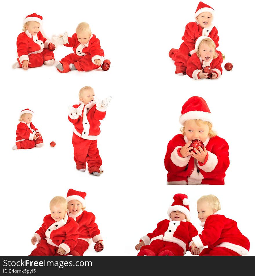 Collage of two fanny kids in santa clauss costumes on white