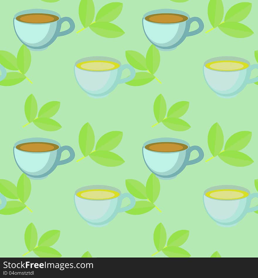 Seamless pattern with tea cups and leaves. Seamless pattern with tea cups and leaves