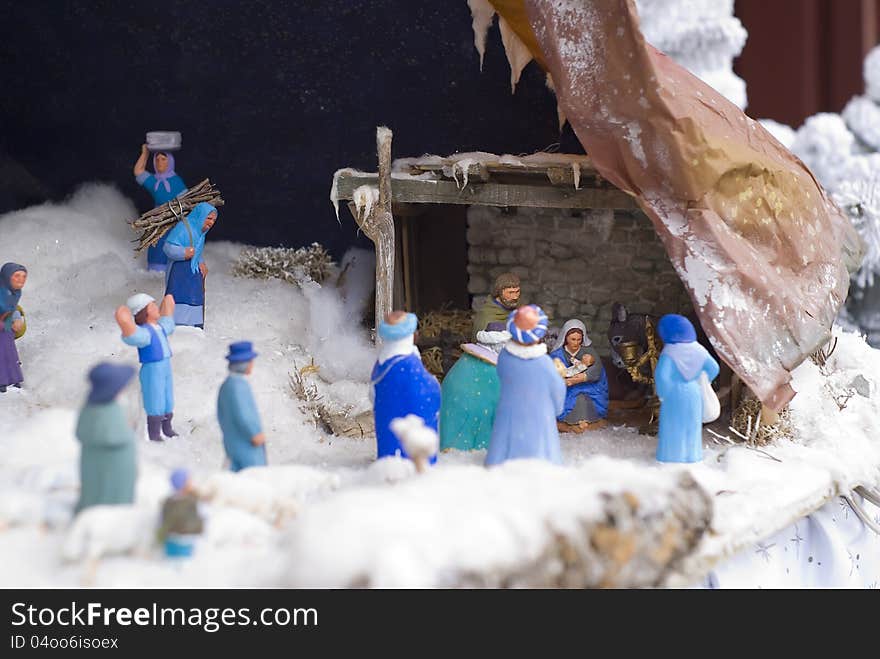 Nativity scene during an exposition of creches in a french village in Provence (French Riviera).