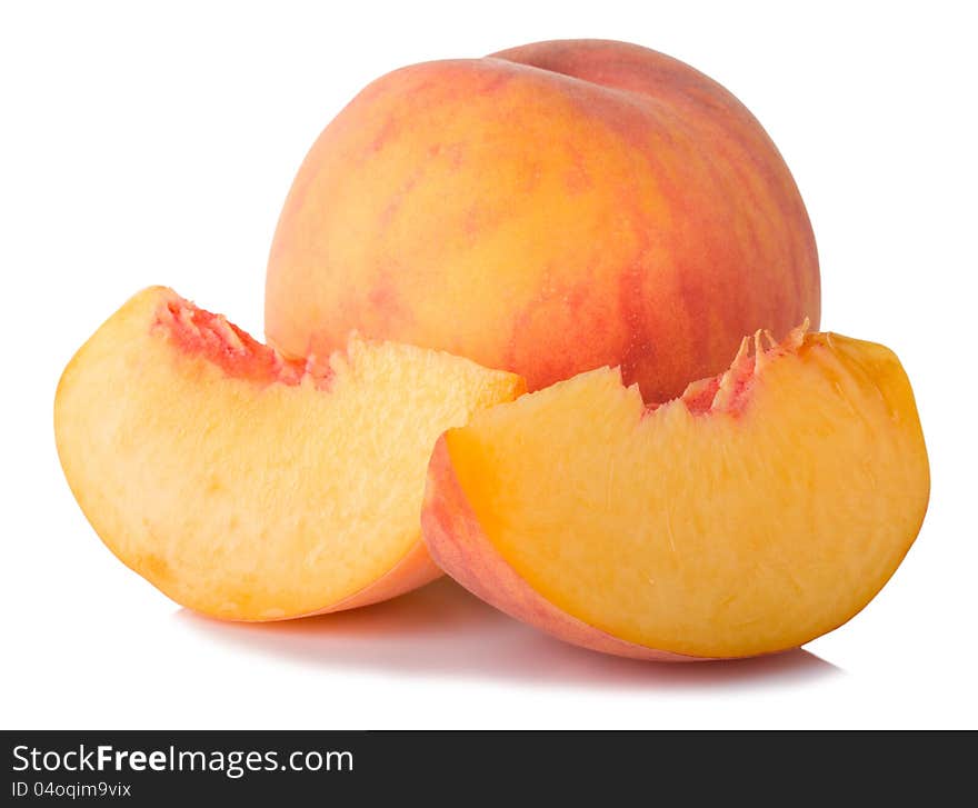 Ripe peach fruit and slices