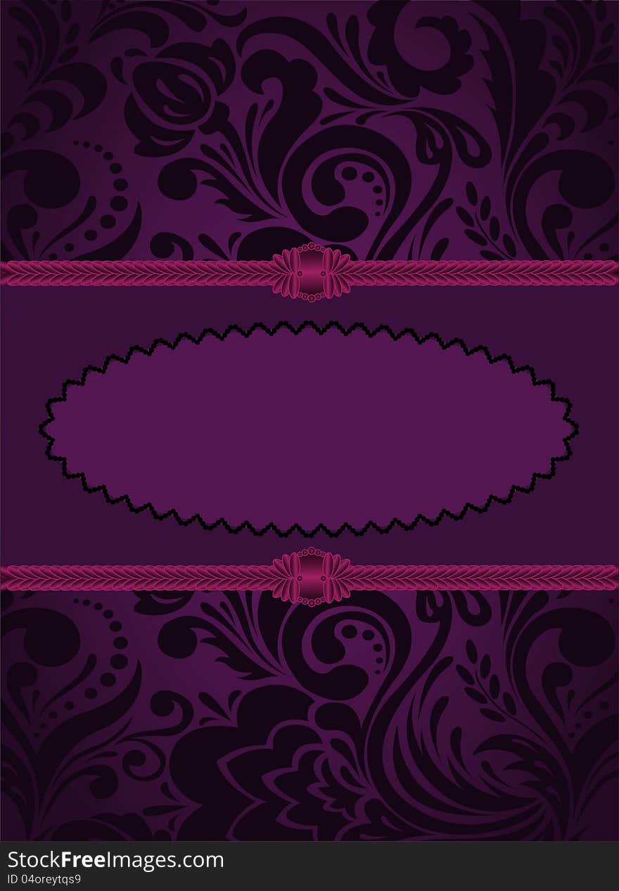 Purple oval frame on an vertical vintage purple ornament. Purple oval frame on an vertical vintage purple ornament