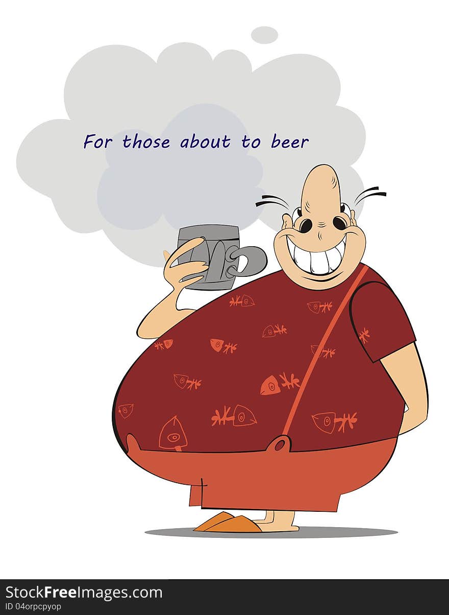 A fat man drinks a big glass of beer and looks healthy and happy