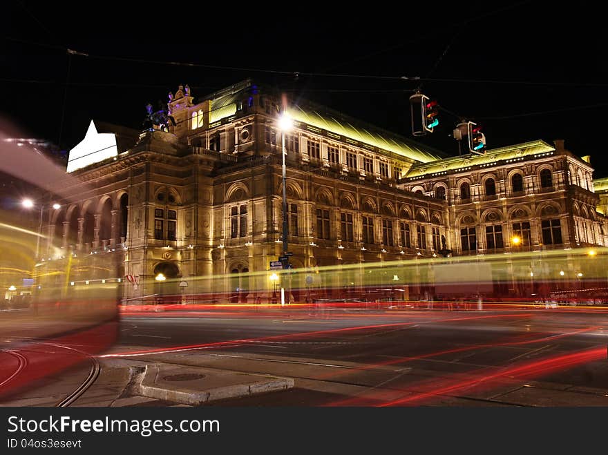 Vienna Opera house at night in Vienna, Austria