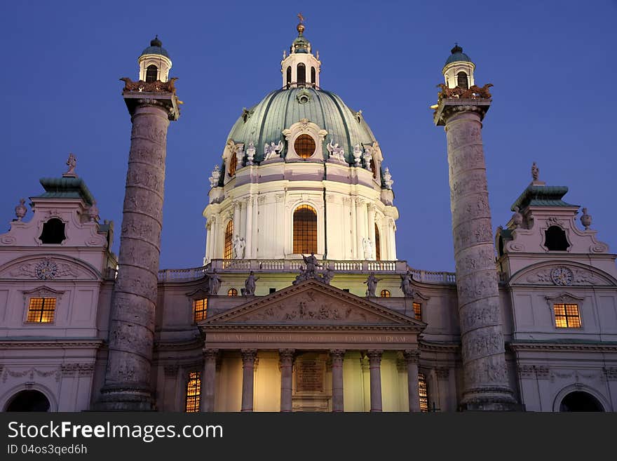 Karlskirche (St. Charles Cathedral) at dusk in Vienna, Austria. Karlskirche (St. Charles Cathedral) at dusk in Vienna, Austria