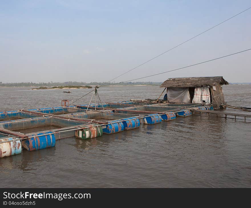 Fishery in the water cages at Khong river Thailand and Laos republic border