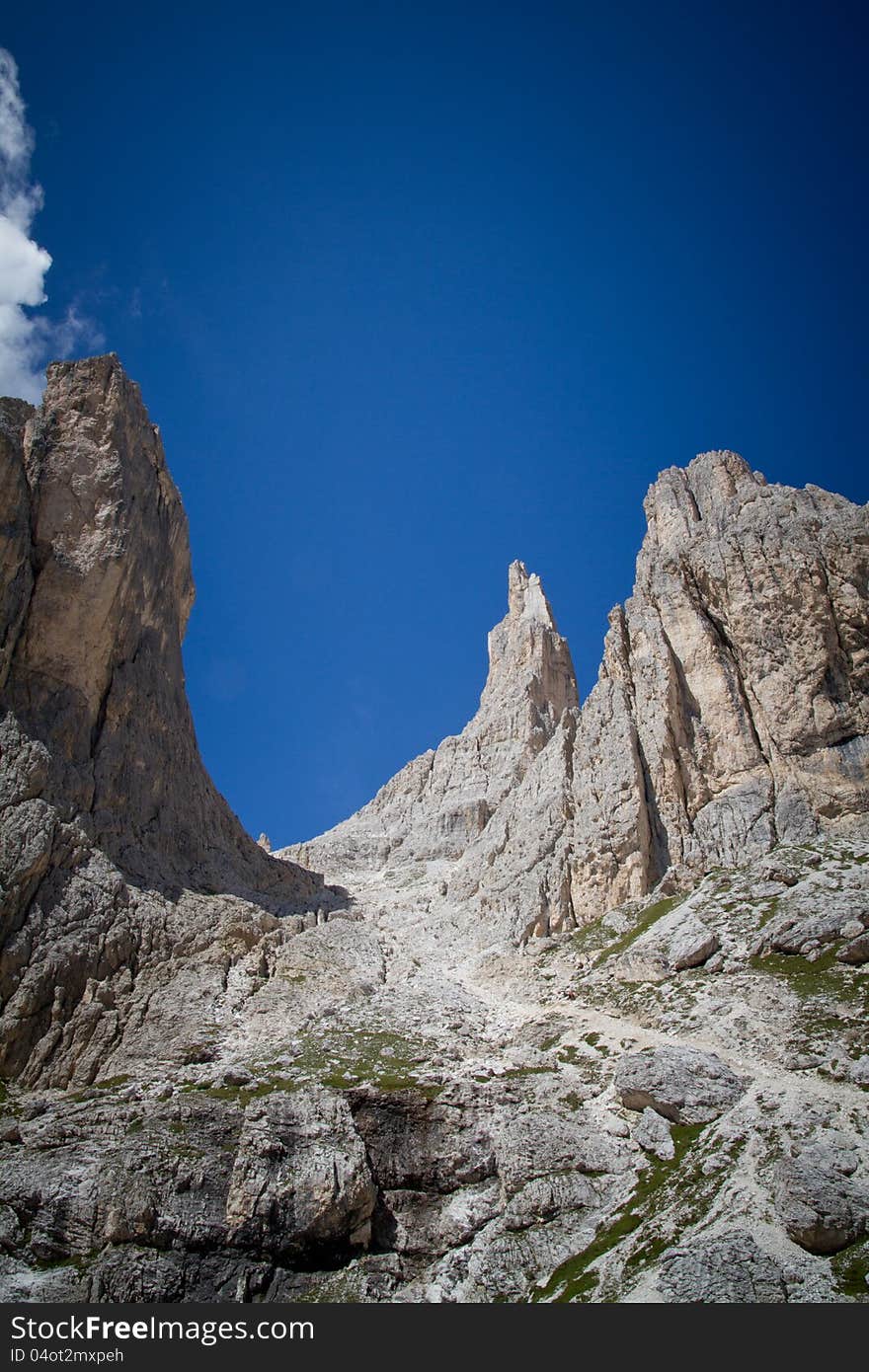 View of the Vajolet towers, Dolomites (Alps), Italy.