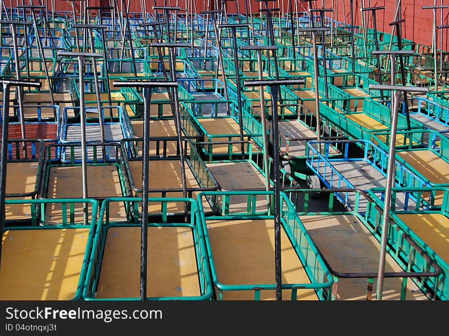 Parking of trolleys for children food, tools and several objects