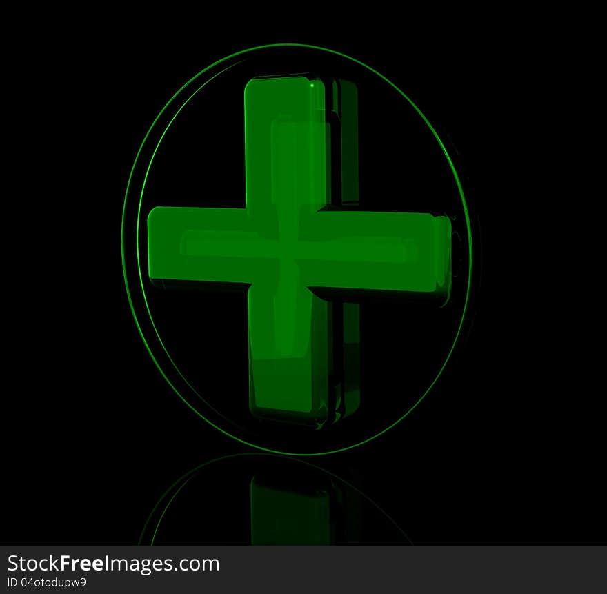 Pharmacy green cross sign on black background