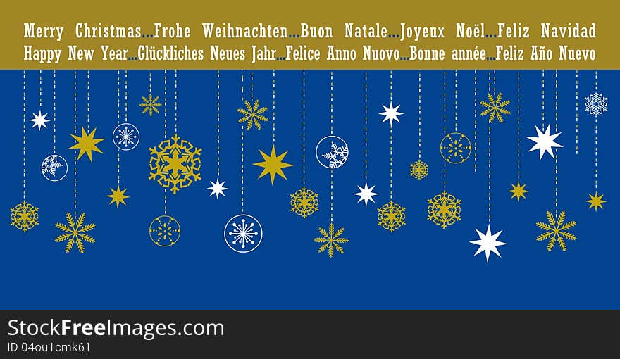 Christmas greetings card with hanging snowflakes in five different languages. Christmas greetings card with hanging snowflakes in five different languages