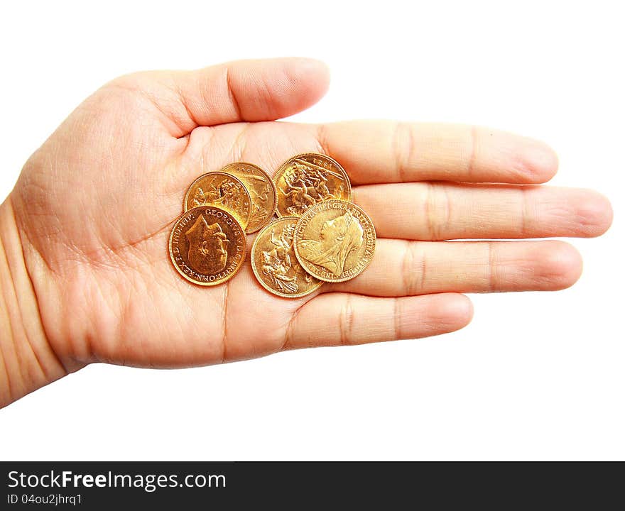 Woman hand holding Australia gold sovereign on isolated white background. Woman hand holding Australia gold sovereign on isolated white background