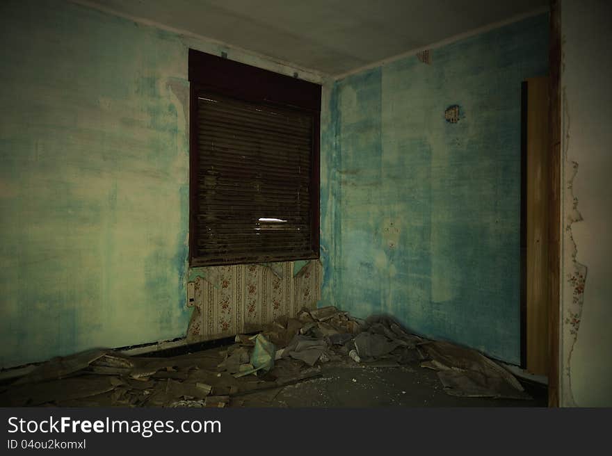 Devastated room in the building, old Spanish hotel