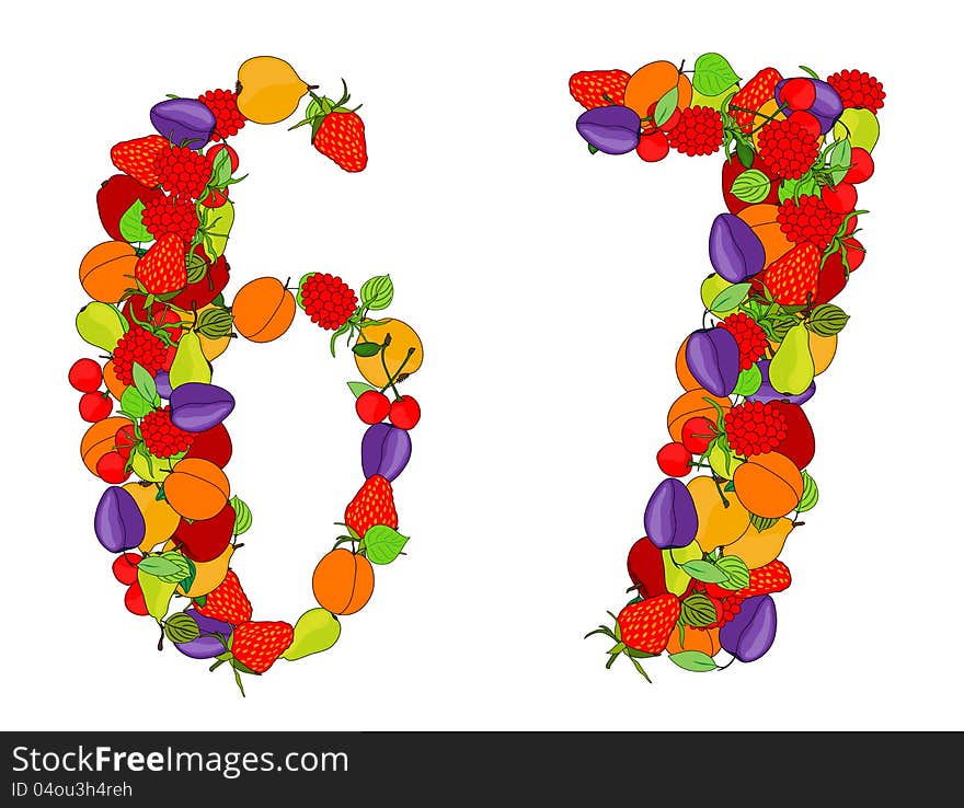 Number six and number seven made from different fruits