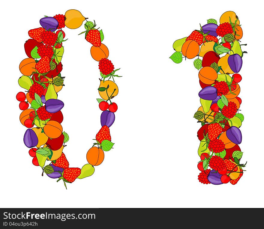 Number zero and number one made from different fruits