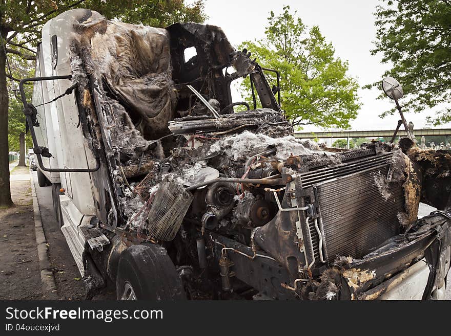 Burnt truck on the city street, Brooklyn, NY