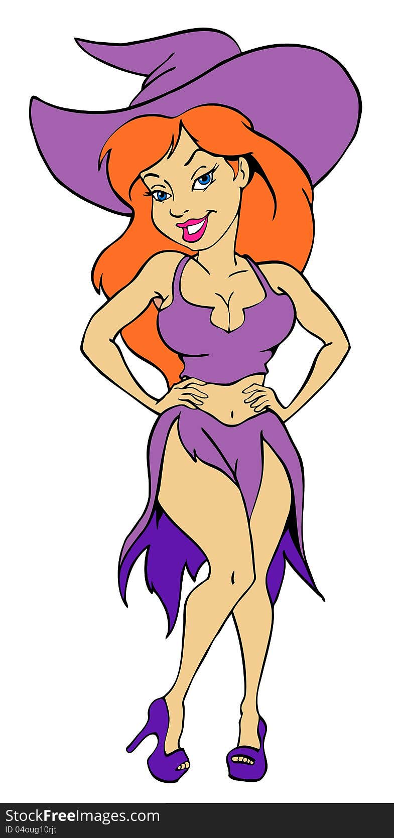 Hand drawn cartoon of a beautiful red head woman in a witch's Halloween costume. Hand drawn cartoon of a beautiful red head woman in a witch's Halloween costume