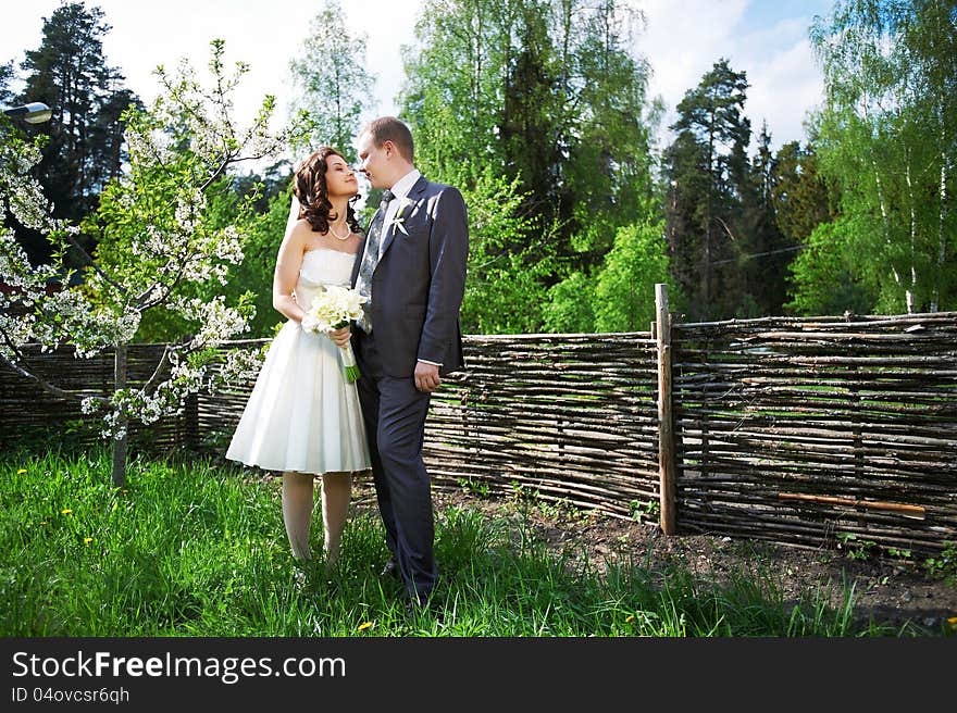 Happy bride and groom on wedding walk in village