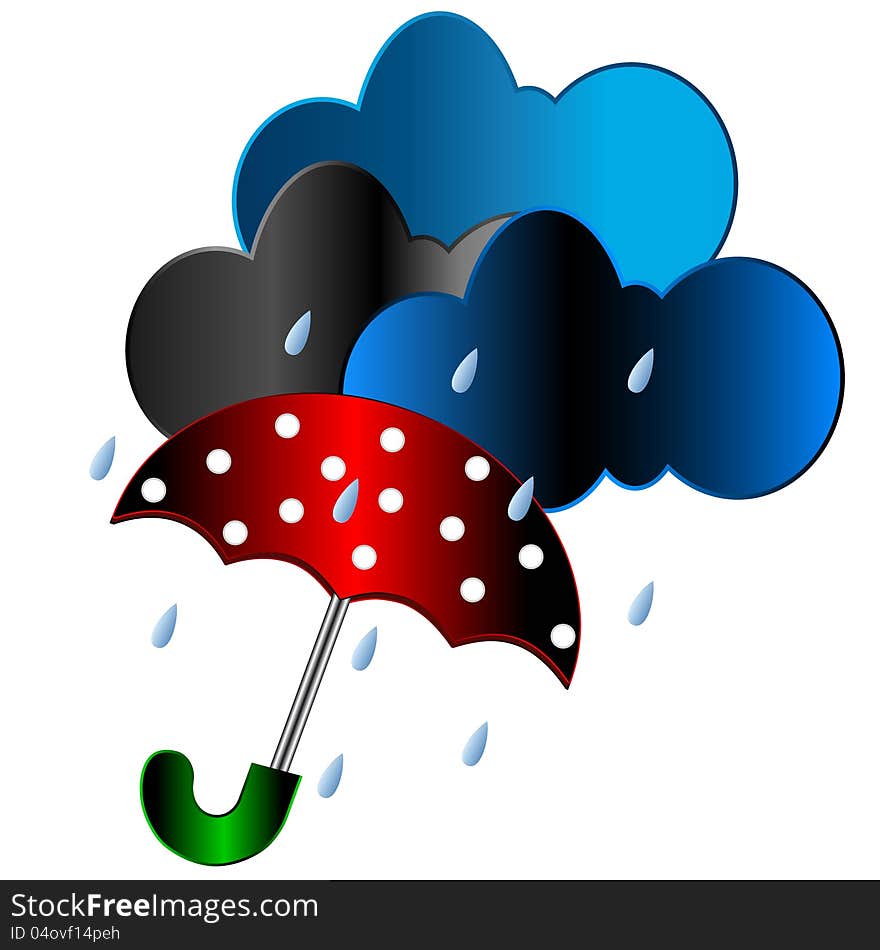 Red umbrella with rain clouds and drops. Red umbrella with rain clouds and drops