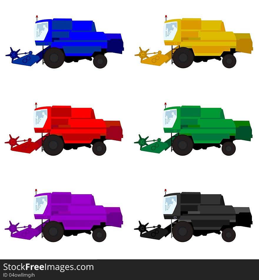 Agricultural machinery. Multi-colored harvesters. The illustration on a white background.