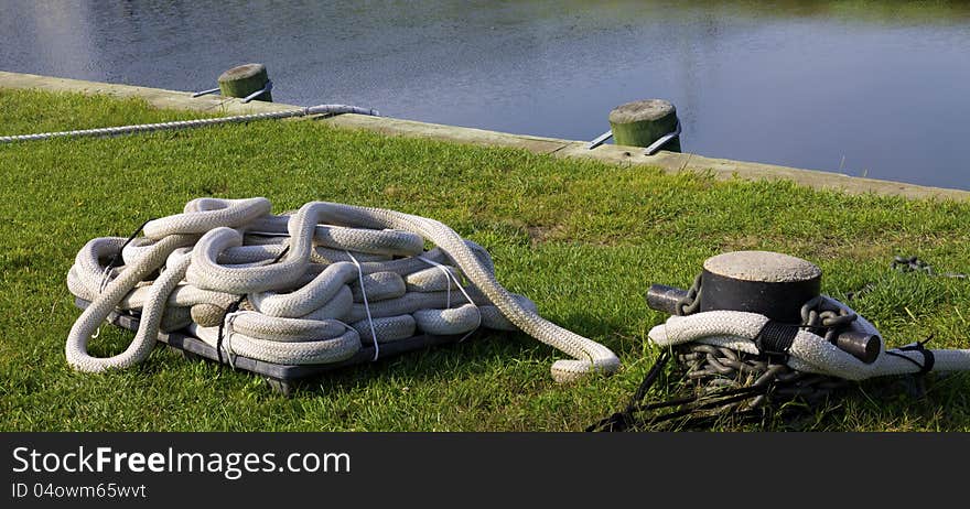 Ship mooring on the grass