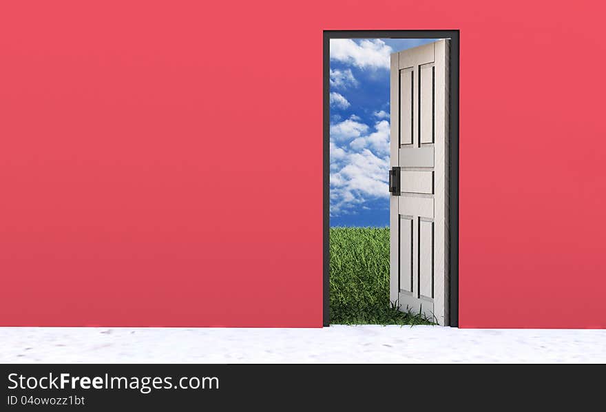 White door opened in grass to a nice sky background with white clouds. White door opened in grass to a nice sky background with white clouds