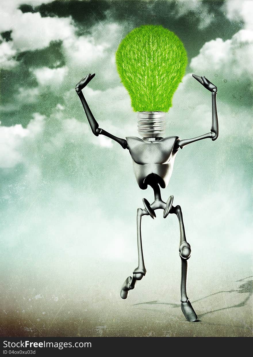 Abstract grunge illustration of metal humanoid with  grass light bulb. Abstract grunge illustration of metal humanoid with  grass light bulb.