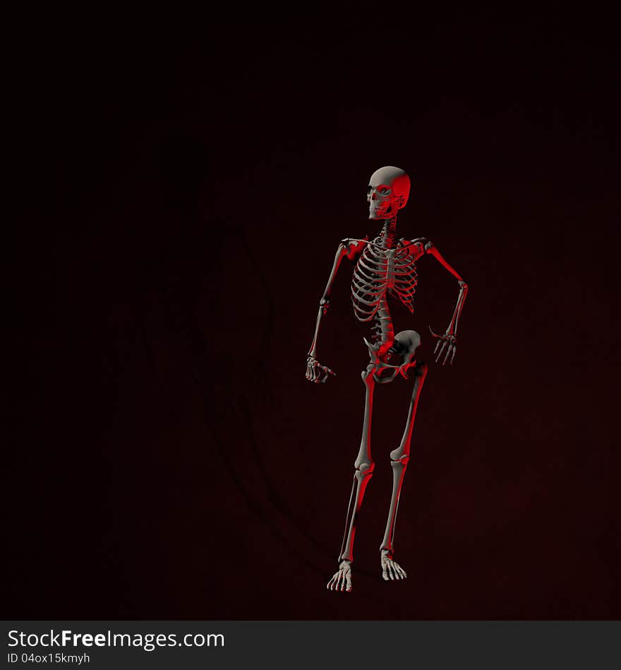 Abstract standing skeleton in red room background.