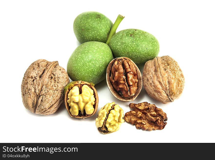 Dry and fresh walnuts isolated