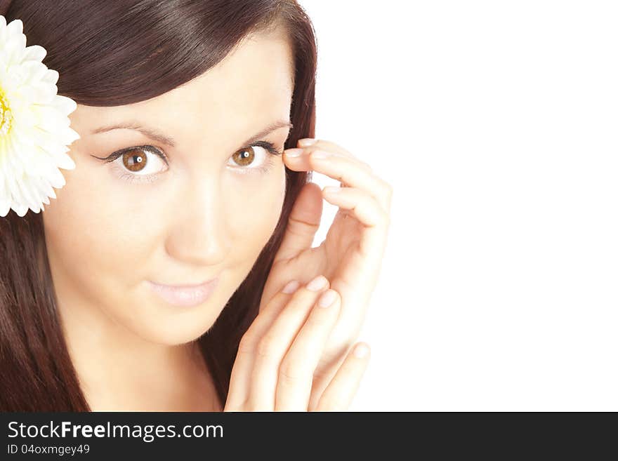 Closeup of beautiful woman isolated over white background