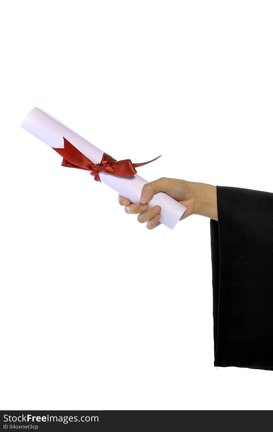 People hand hold graduation paper scroll isolated over white background. People hand hold graduation paper scroll isolated over white background