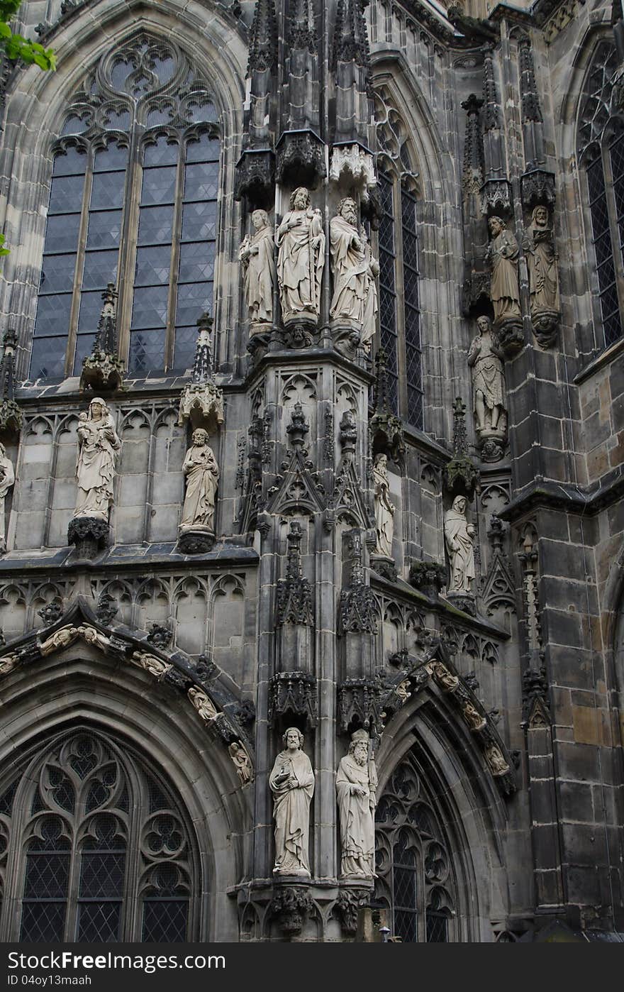 Details of exterior of gothic cathedral, Aachen, Germany