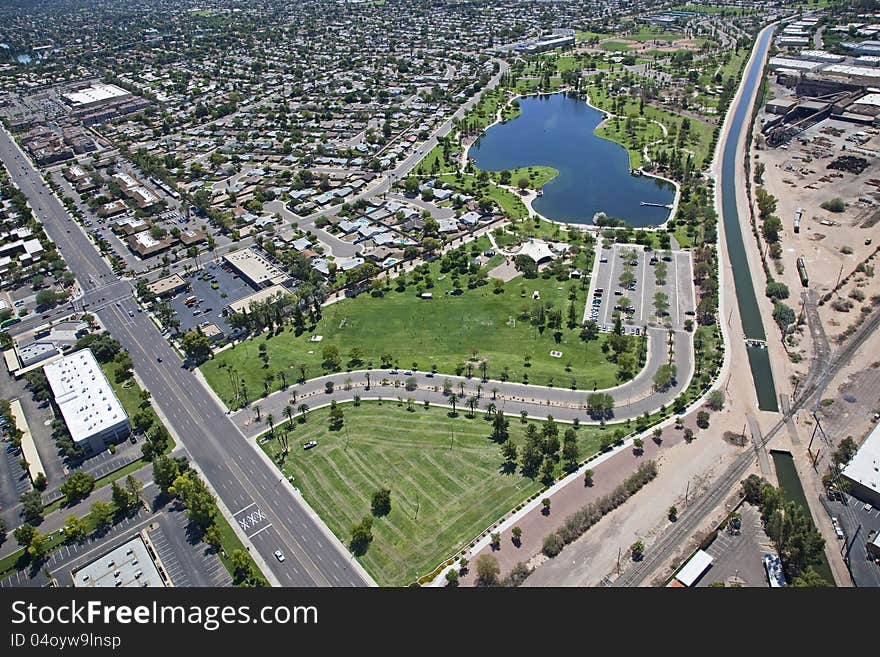 Man Made lake in Tempe at Kiwanis Park from above. Man Made lake in Tempe at Kiwanis Park from above