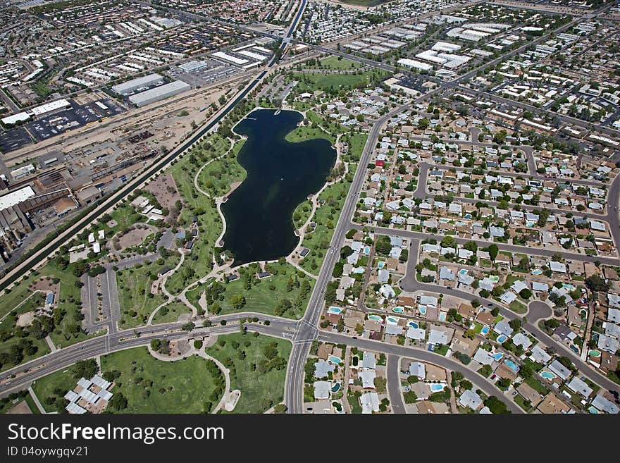 Man Made lake in Tempe at Kiwanis Park from above. Man Made lake in Tempe at Kiwanis Park from above