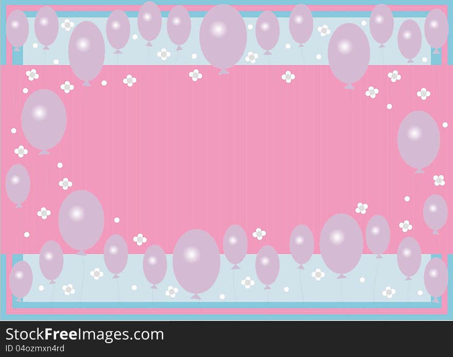 Vector frame or background with lilac ballons, small flowers, pink and blue colors. Vector frame or background with lilac ballons, small flowers, pink and blue colors