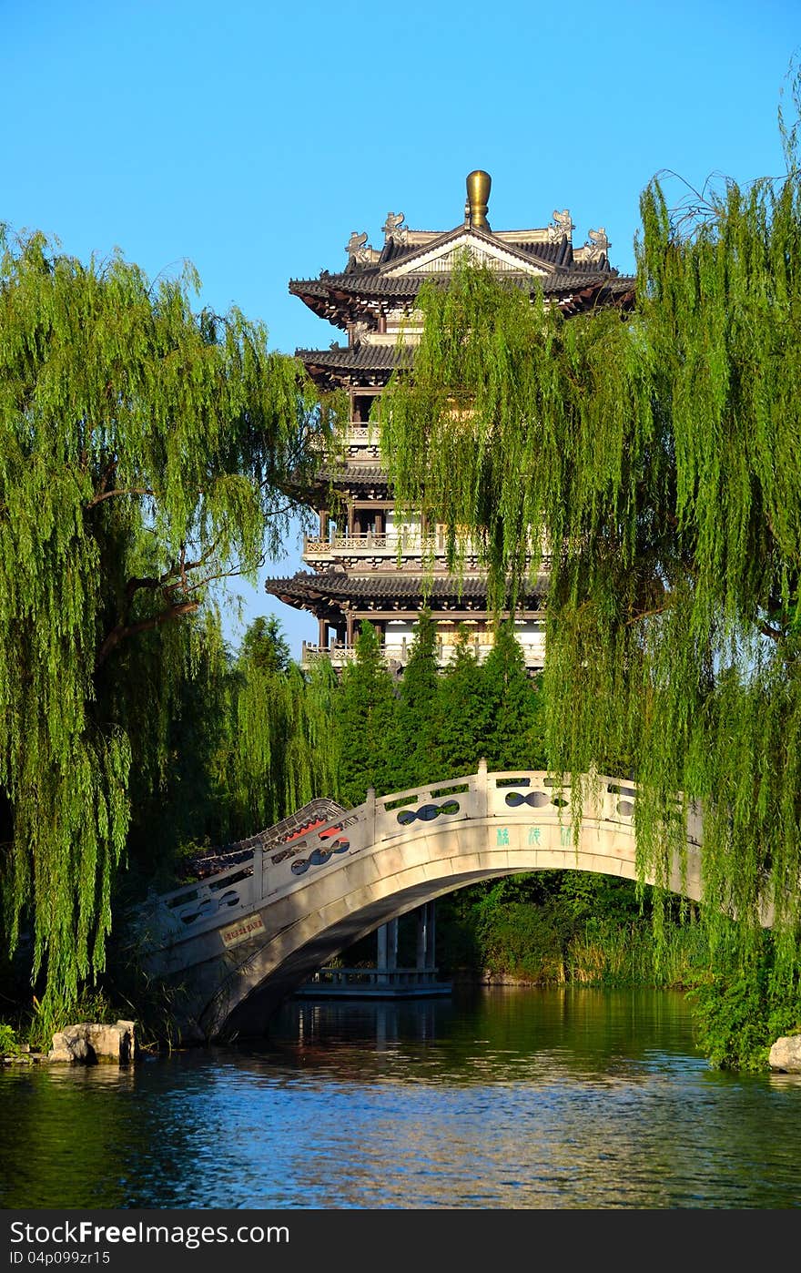 Pagodas, stone bridge, and willow