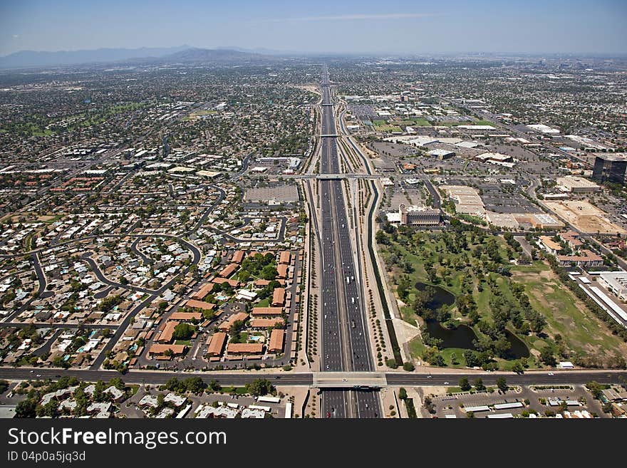 Aerial view of the Superstition Freeway in Mesa looking West towrds Tempe and Phoenix, Arizona