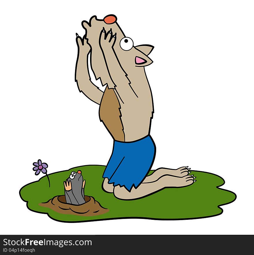 A humorous illustration of a howling werewolf with a mole trying to cover his ears