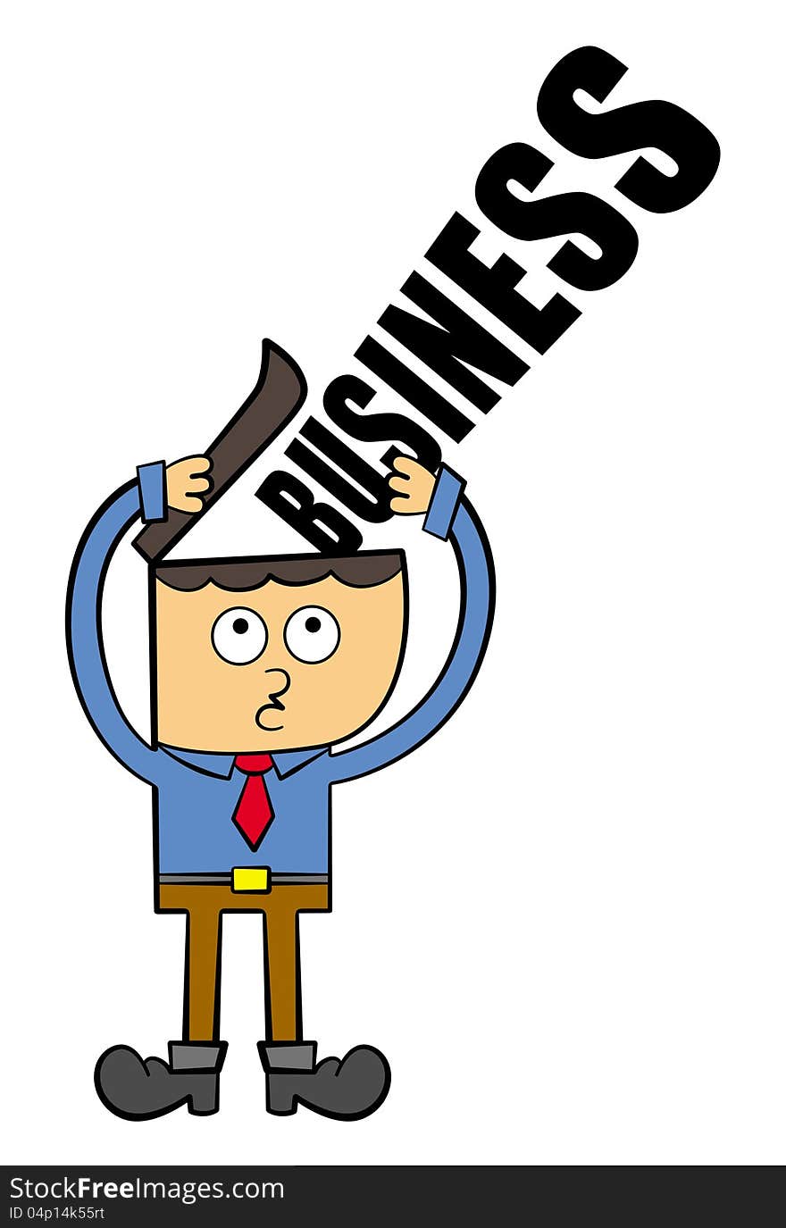 A funny looking business man putting a giant business word inside his open head. A funny looking business man putting a giant business word inside his open head