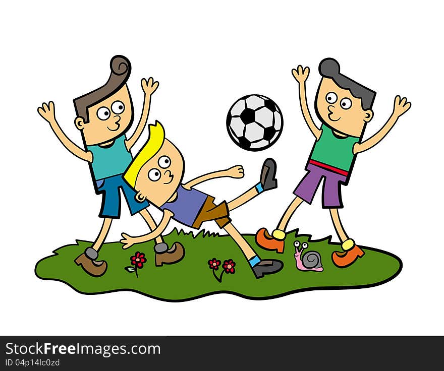 Illustration of a group of three cartoon kids playing soccer. Illustration of a group of three cartoon kids playing soccer