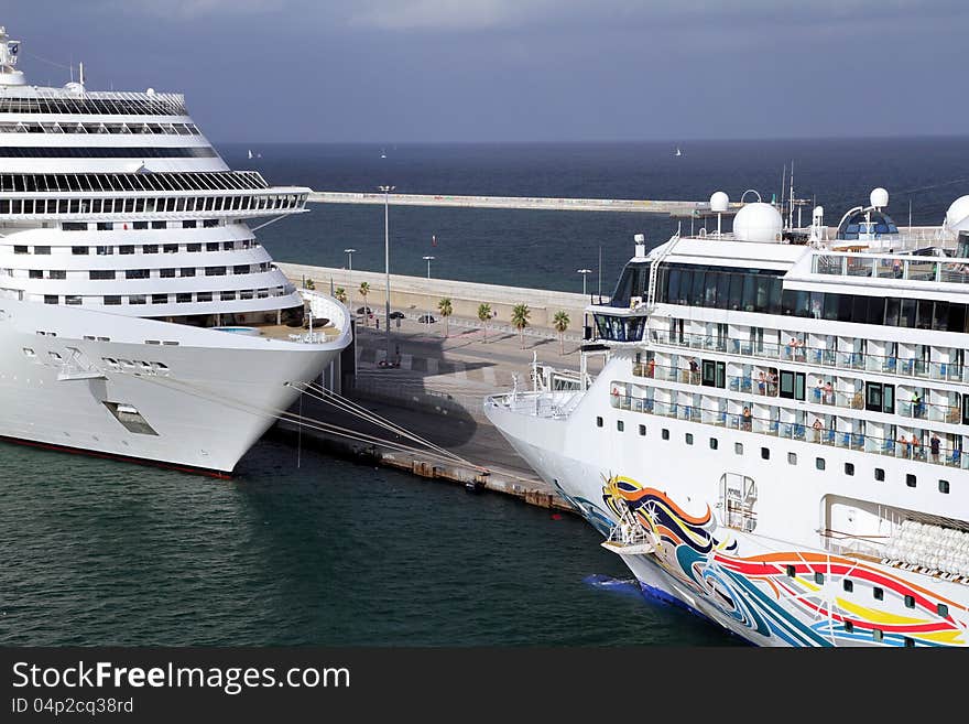 Big cruises in dock in Barcelona, Spain