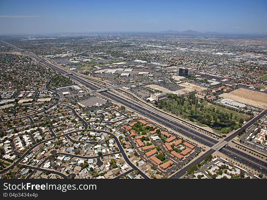 Aerial view of the Superstition Freeway in Mesa looking Northwest towrds Tempe and Phoenix, Arizona