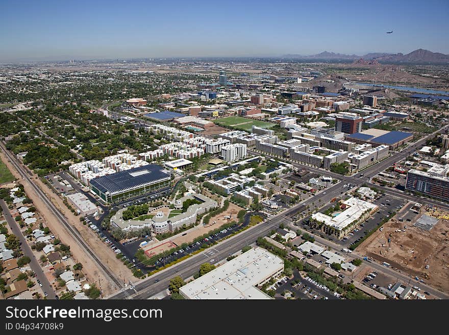 Aerial view of the City of Tempe with college campus skyline. Aerial view of the City of Tempe with college campus skyline