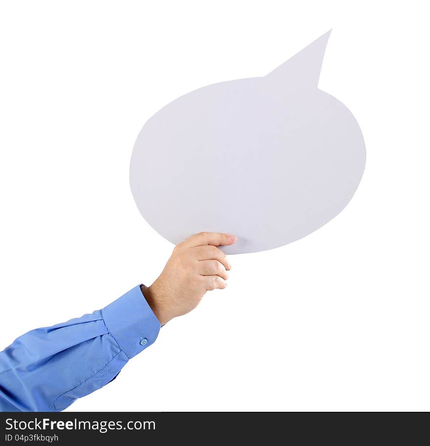 Arm holding a speech bubble on white background