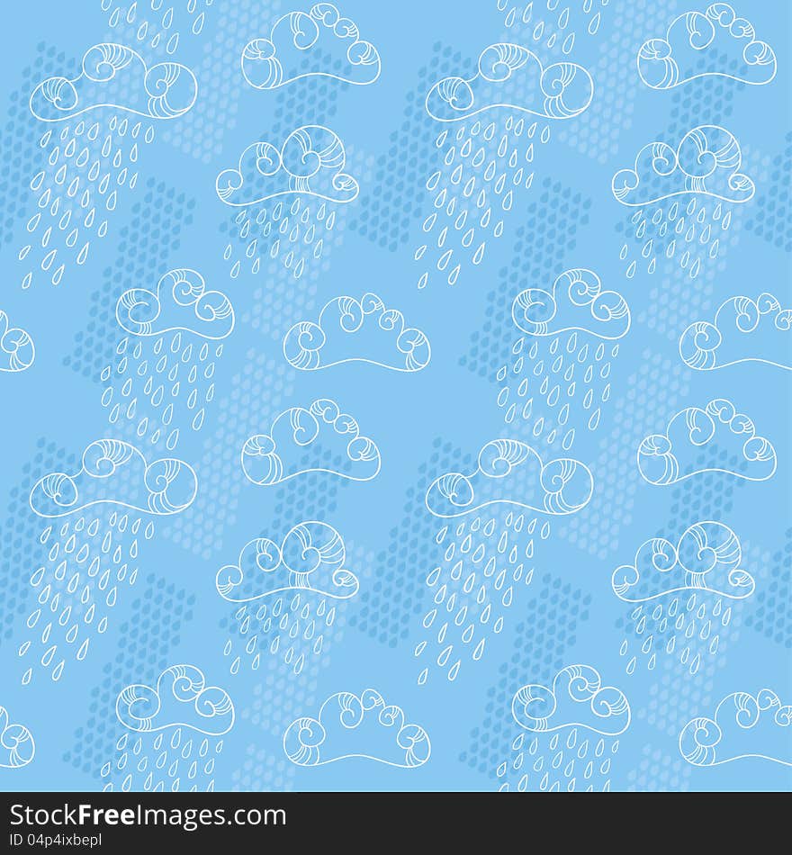 Vector seamless blue background with clouds and rain. Vector seamless blue background with clouds and rain