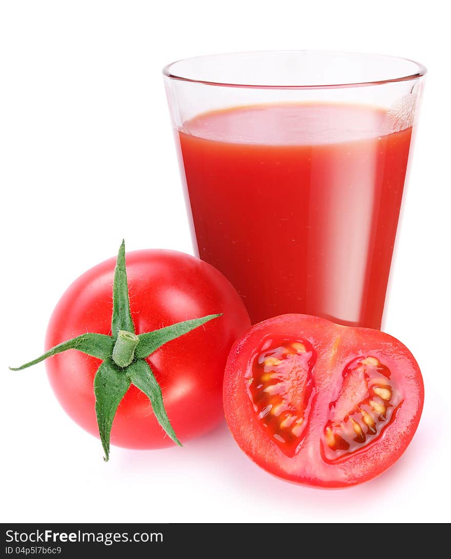 Tomato juice with ripe tomato on a white background.