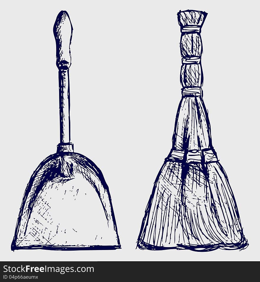 Broom and dustpan. Doodle style. Vector