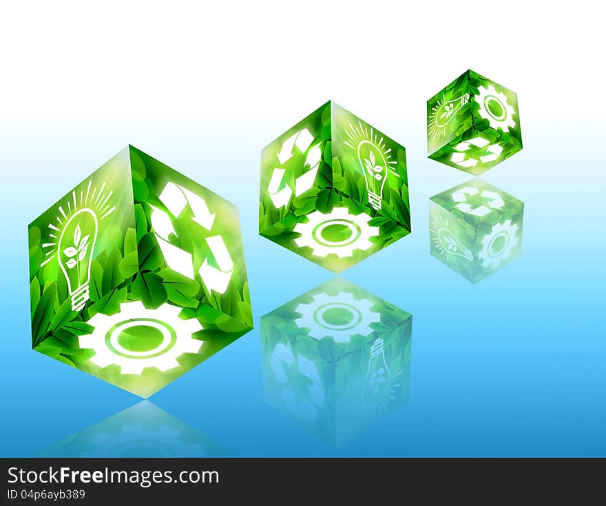 Green concept with cube image on blue background. Green concept with cube image on blue background.