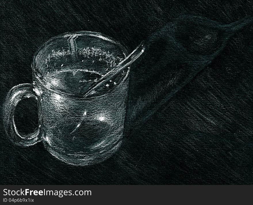 Illustration of cup and spoon on black background. Illustration of cup and spoon on black background