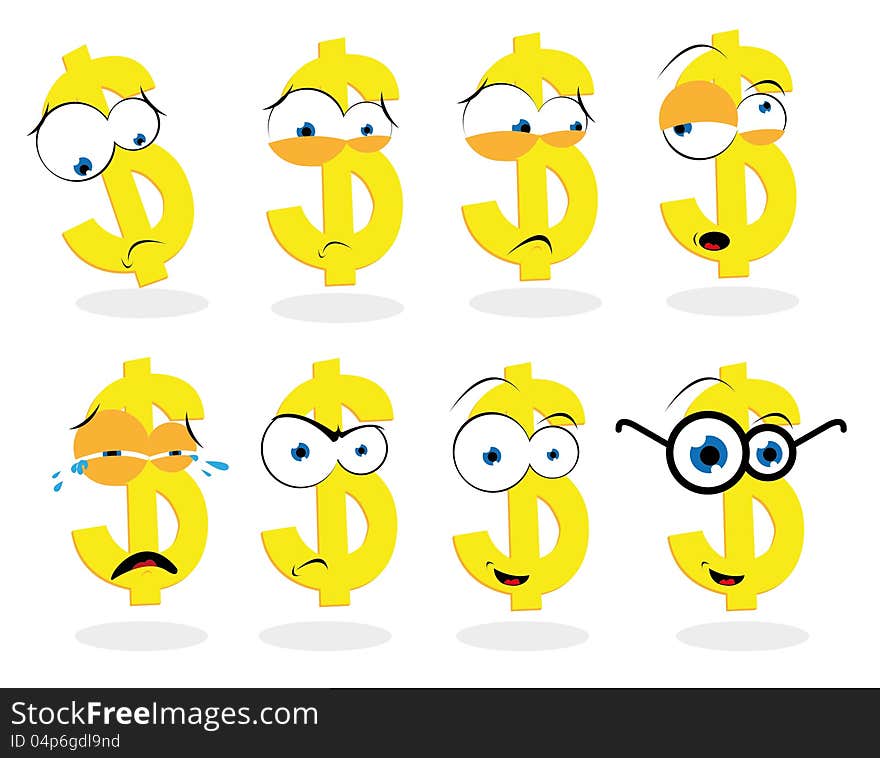 A vector cartoon representing a funny dollar symbol in different poses